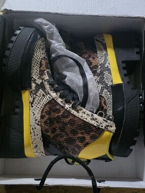 Fashion Nova Leopard & Snake-Print Lace-Up Boots with Yellow Accents